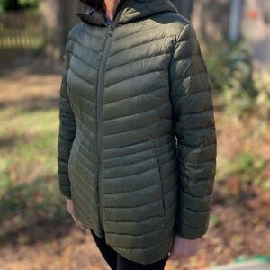 Lands End Ultralight Packable Puffer Down Hooded Jacket in Olive Size 2X 20W-22W